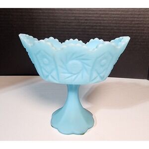 VTG Fenton Satin Blue Footed Custard Compote Candy Dish Scalloped Edge 5" tall